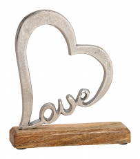 Herzfigur Love-Herz aus Alu, Mangoholzsockel, Silber